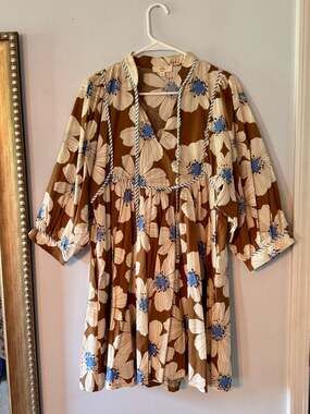 Entro Floral Mini Dress Brown Blue Boho Prairie Cottagecore Dress Size S